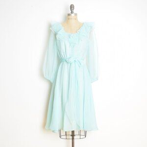 vintage 70s dress Jack Bryan aqua blue chiffon ruffle prom party dress S